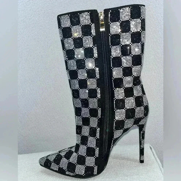AZALEA WANG BOOTS STILETTO CHECKERS BLK RHINESTONE SIDE ZIP POINT TOE FABULOUS - Picture 6 of 15